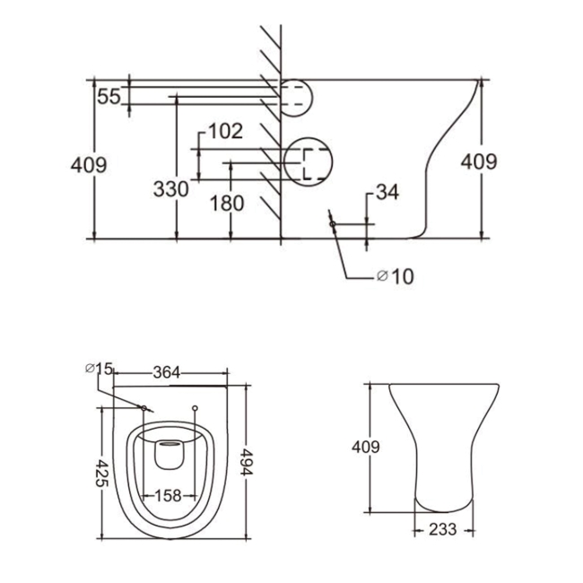 Prestige Primo Round Rimless Back to Wall Toilet - Soft Close Seat  | Dimension Image