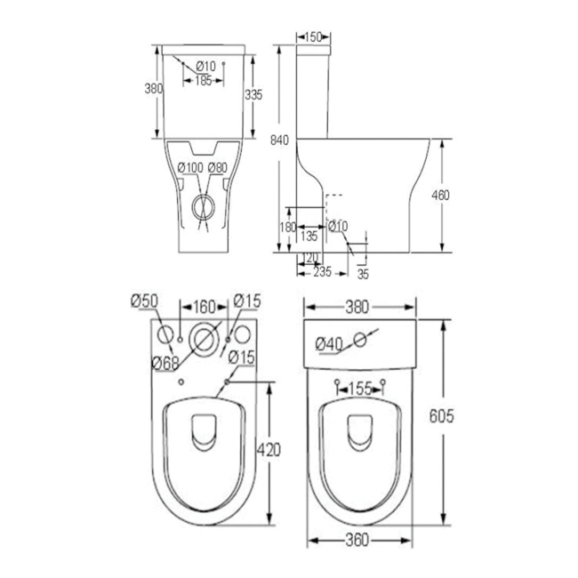 Prestige Primo Round Rimless Comfort Height Close Coupled Toilet with Push Button Cistern - Soft Close Seat  | Dimension Image
