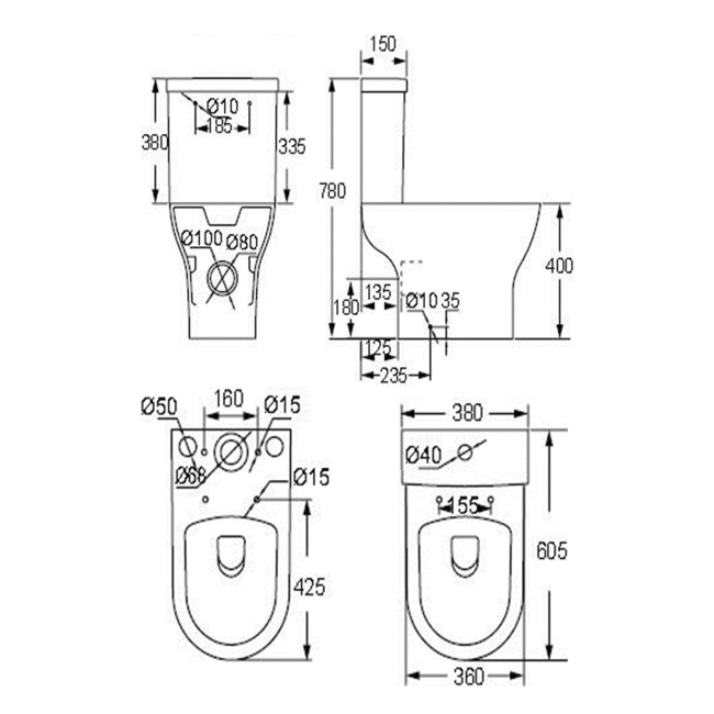 Prestige Primo Round Rimless Open Back Close Coupled Toilet with Push Button Cistern - Soft Close Seat  | Dimension Image