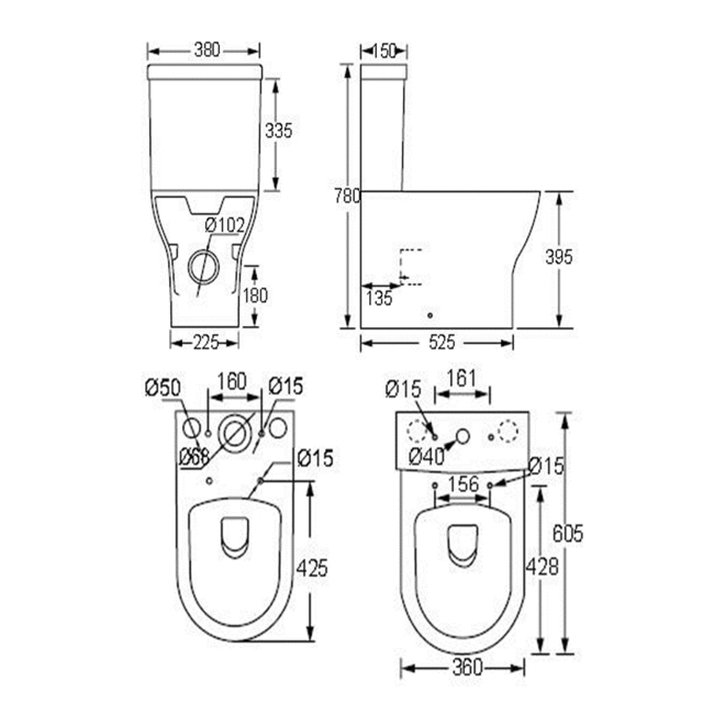 Prestige Primo Round Rimless Close Coupled Toilet with Push Button Cistern - Soft Close Seat  | Dimension Image