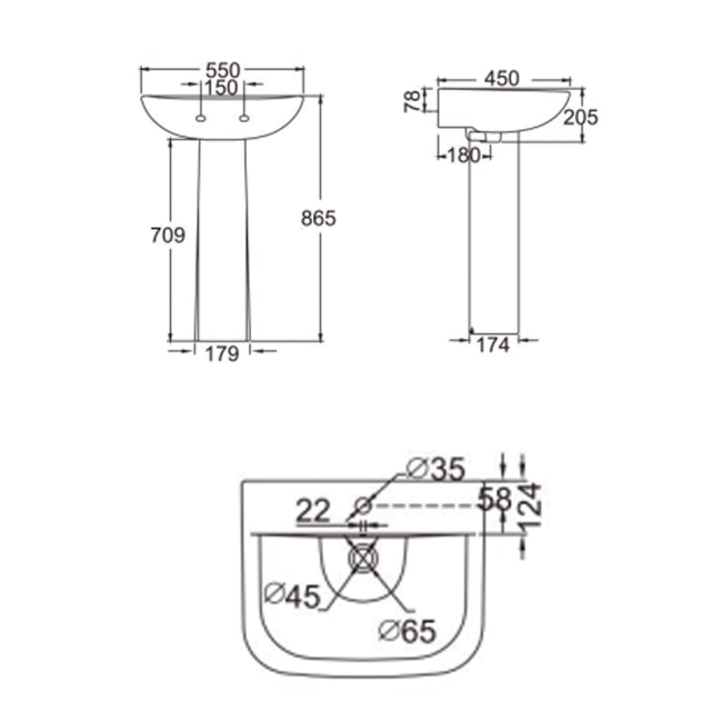 Prestige Primo Square Basin with Full Pedestal 550mm Wide - 1 Tap Hole  | Dimension Image