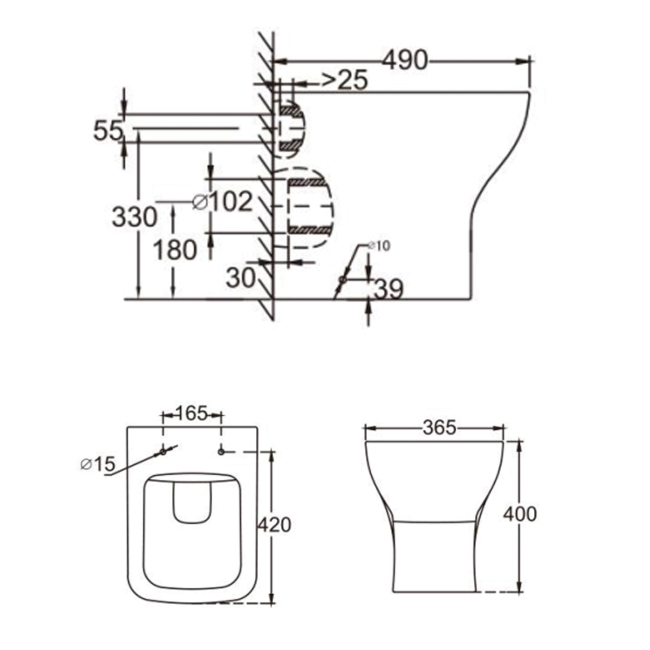 Prestige Primo Square Rimless Back to Wall Toilet - Soft Close Seat  | Dimension Image