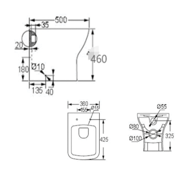 Prestige Primo Square Rimless Comfort Height Back to Wall Toilet - Soft Close Seat  | Dimension Image
