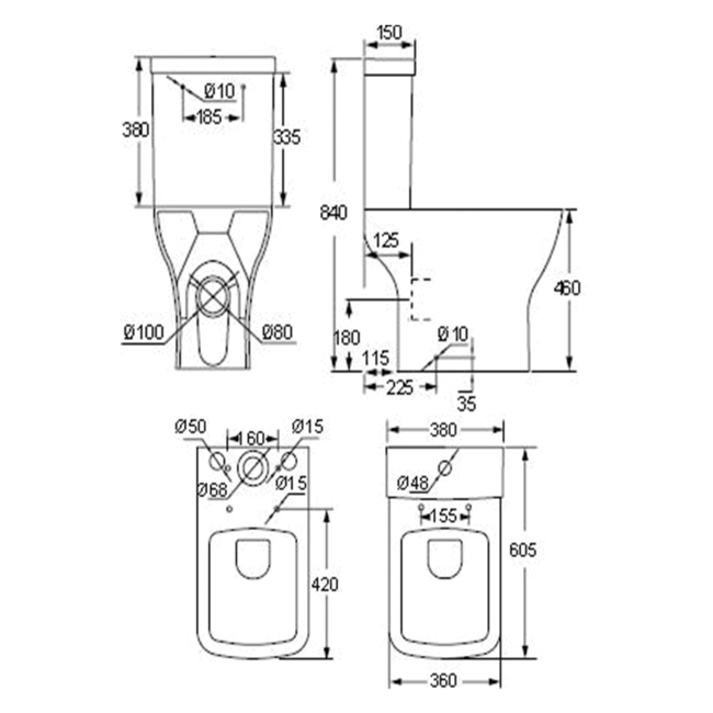 Prestige Primo Square Rimless Comfort Height Open Back Close Coupled Toilet (inc Soft Close Seat)  | Dimension Image