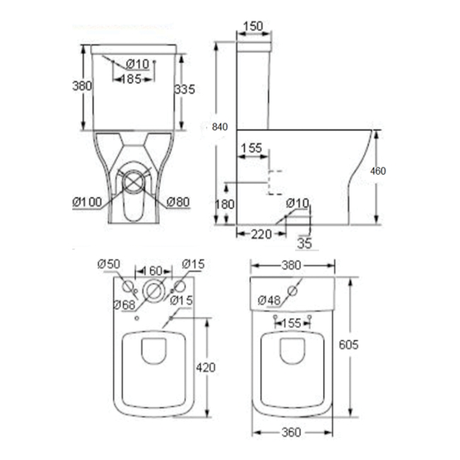 Prestige Primo Square Rimless Comfort Height Fully Back to Wall Close Coupled Toilet (inc Soft Close Seat)  | Dimension Image