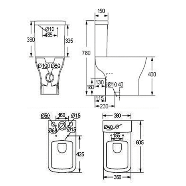 Prestige Primo Square Rimless Open Back Close Coupled Toilet (inc Soft Close Seat)  | Dimension Image