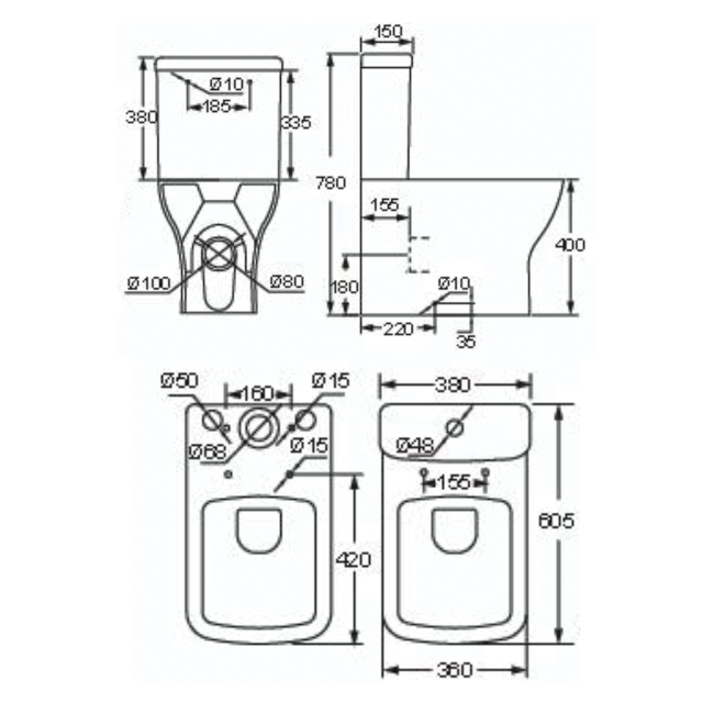 Prestige Primo Square Rimless Fully Back to Wall Close Coupled Toilet (inc Soft Close Seat)  | Dimension Image