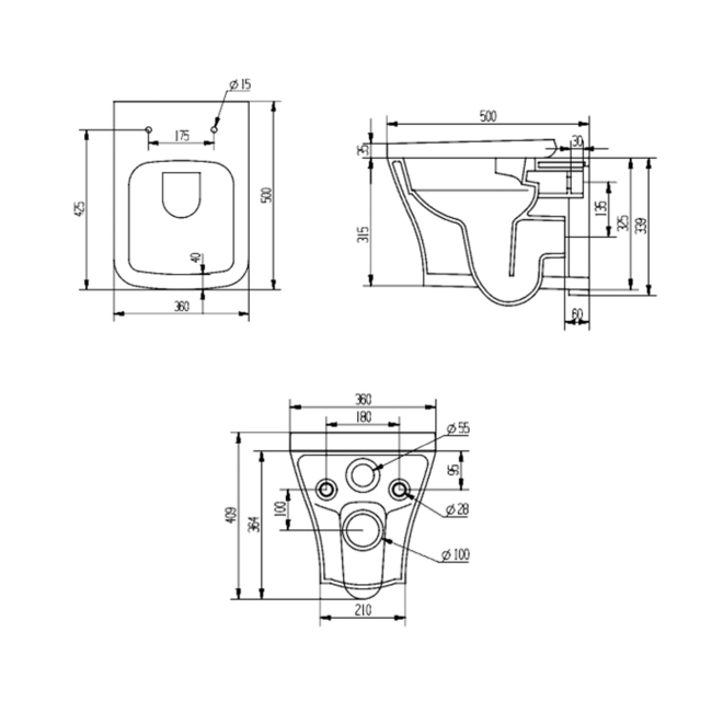Prestige Primo Square Rimless Wall Hung Toilet - Soft Close Seat  | Dimension Image