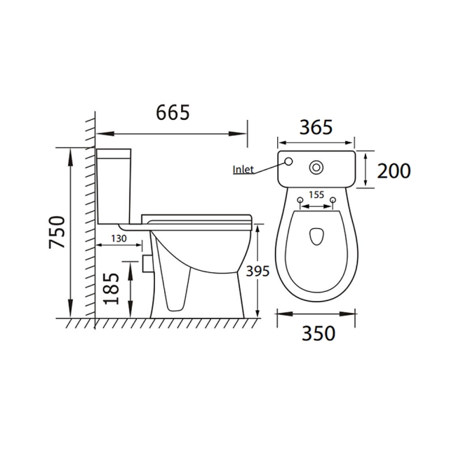Prestige Proton Rimless Close Coupled Toilet - Soft Close Seat  | Dimension Image
