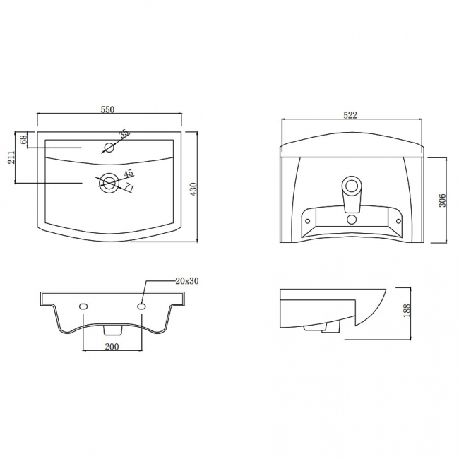 Prestige Pure Semi Recessed Basin 550mm Wide 1 Tap Hole