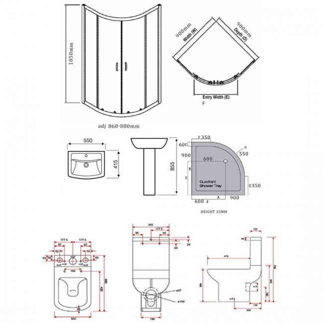 Pure Bathroom En-Suite with Quadrant Shower Enclosure - 900mm x 900mm