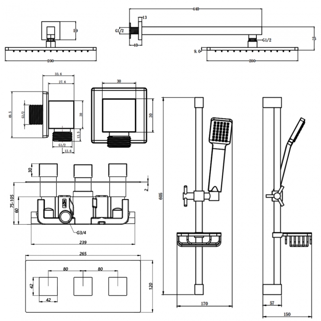 Prestige Pure Option 6 Thermostatic Concealed Shower Valve with Adjustable Slide Rail Kit and Fixed Head - Chrome