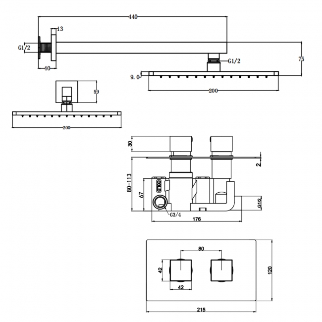 Prestige Pure Option 2 Thermostatic Concealed Shower Valve with Fixed Shower Head and Arm - Chrome
