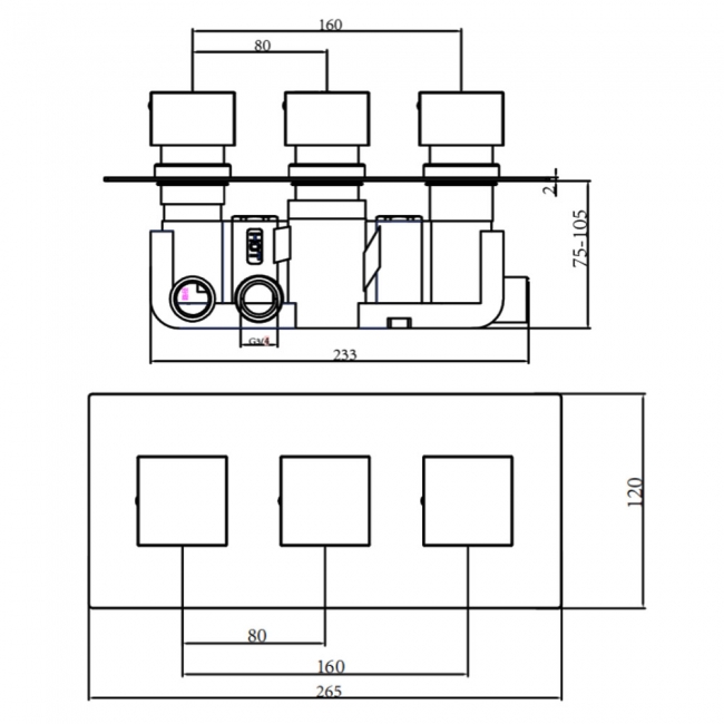 Prestige Pure Thermostatic 3 Outlet Concealed Shower Valve Triple Handle - Chrome