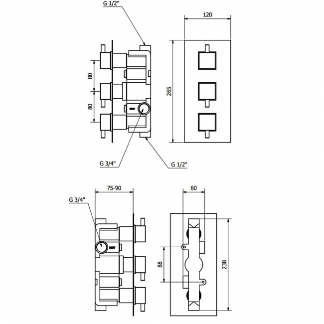 Prestige Pure Thermostatic Concealed Shower Valve Triple Handle - Chrome