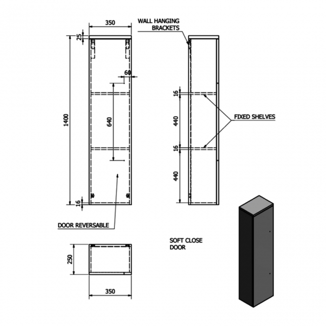 Prestige Purity Wall Mounted Tall Boy Unit 1400mm High x 355mm Wide White