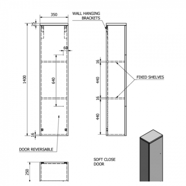 Prestige Purity 1-Door Wall Hung Side Tall Unit 355mm Wide - Storm Grey Gloss