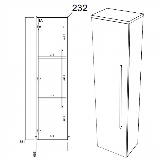 Prestige Purity 1-Door Wall Hung Side Tall Unit 355mm Wide - Silver Oak  | Dimension Image