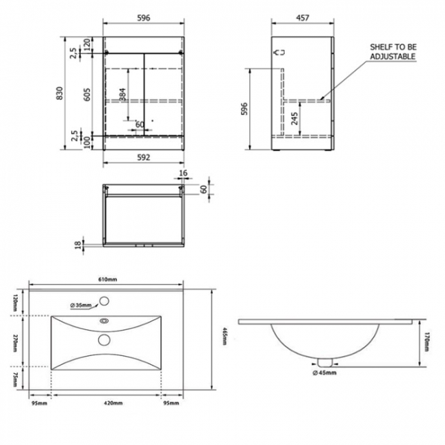 Prestige Purity 2 Door Floor Standing Vanity Unit with Ceramic Basin 600mm Wide - White