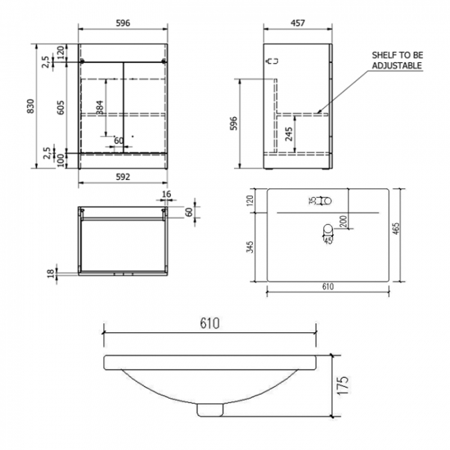 Prestige Purity 2-Door Floor Standing Vanity Unit with Mid Depth Ceramic Basin 600mm Wide - White