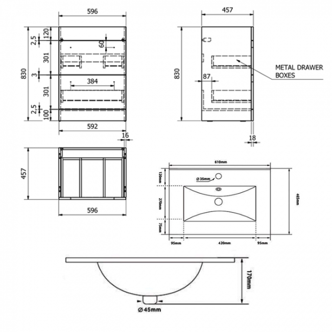 Prestige Purity 2-Door Floor Standing Vanity Unit with Ceramic Basin 600mm Wide - Storm Grey Gloss