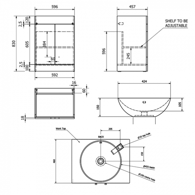 Prestige Purity 2-Door Floor Standing Vanity Unit with Sit-On Basin and Worktop 600mm Wide - Storm Grey Gloss  | Dimension Image