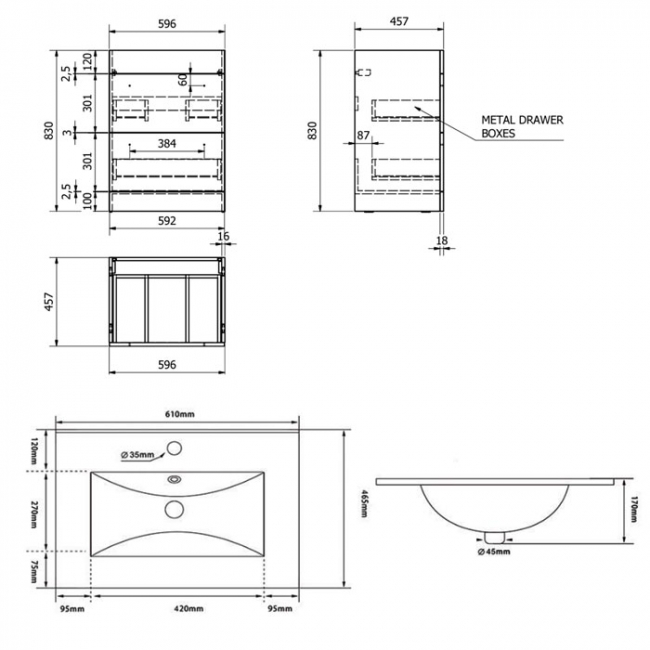 Prestige Purity 2 Drawer Floor Standing Vanity Unit with Basin 600mm Wide - White