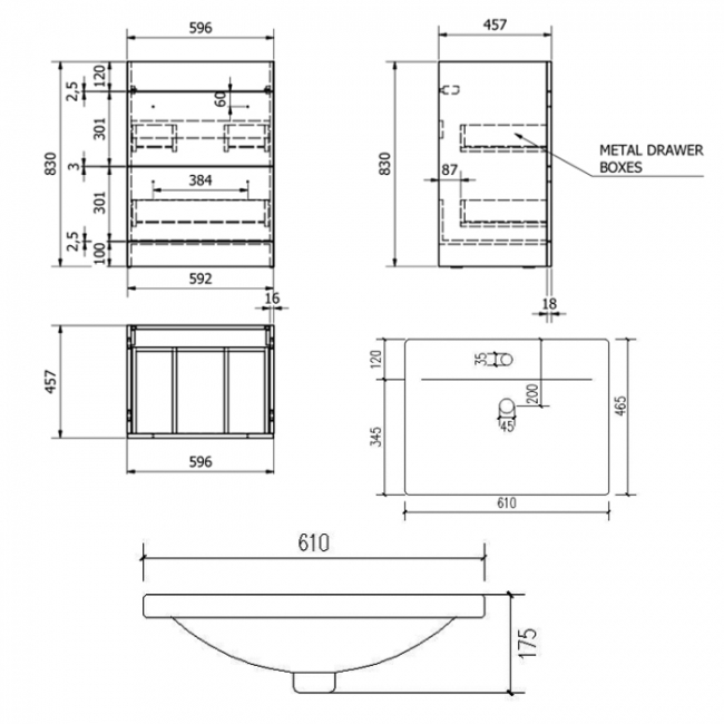 Prestige Purity 2-Drawer Floor Standing Vanity Unit with Mid Depth Ceramic Basin 600mm Wide - White