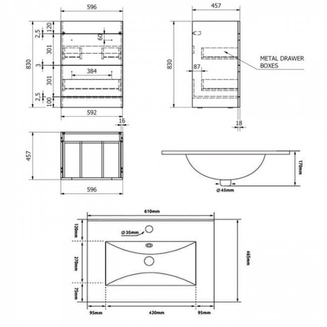 Prestige Purity 2-Drawer Floor Standing Vanity Unit with Ceramic Basin 600mm Wide - Storm Grey Gloss