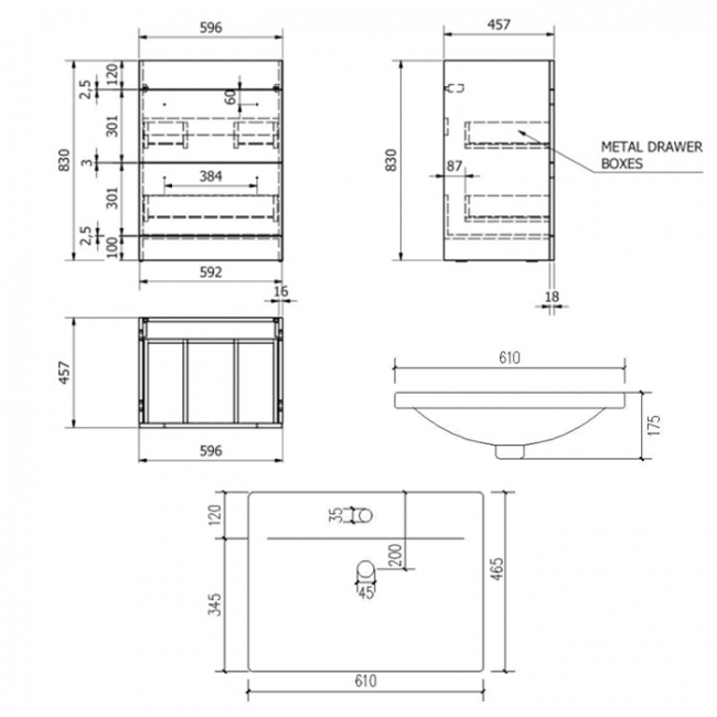 Prestige Purity 2-Drawer Floor Standing Vanity Unit with Mid Depth Ceramic Basin 600mm Wide - Storm Grey Gloss