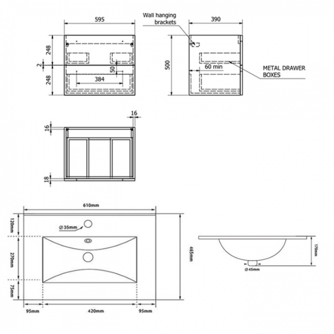 Prestige Purity 2-Drawer Wall Hung Vanity Unit with Ceramic Basin 600mm Wide - White