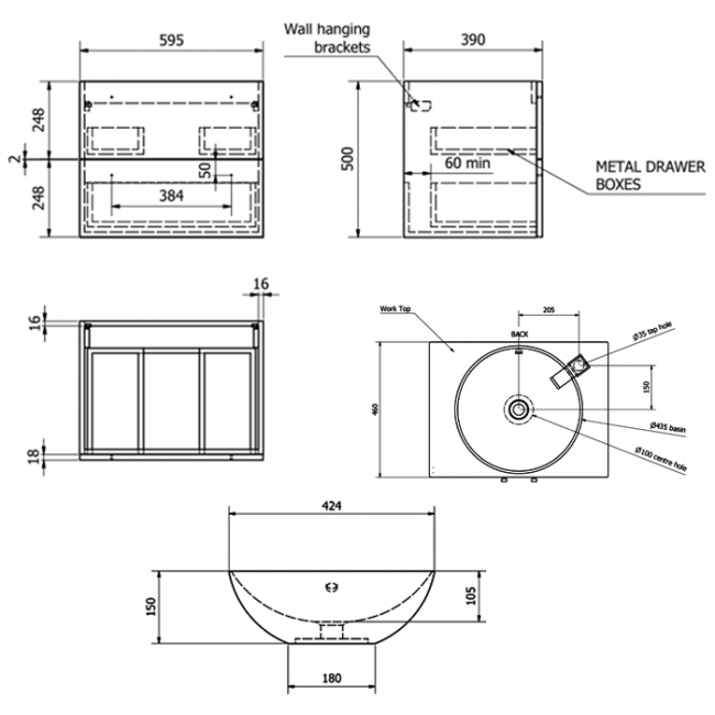 Prestige Purity 2-Drawer Wall Hung Vanity Unit with Sit-On Basin and Worktop 600mm Wide - White  | Dimension Image