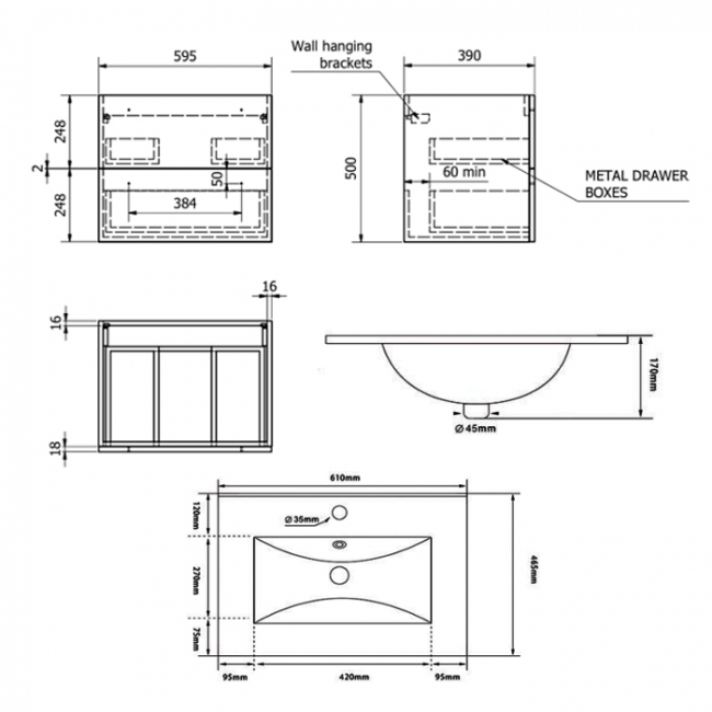 Prestige Purity 2-Drawer Wall Hung Vanity Unit with Ceramic Basin 600mm Wide - Storm Grey Gloss