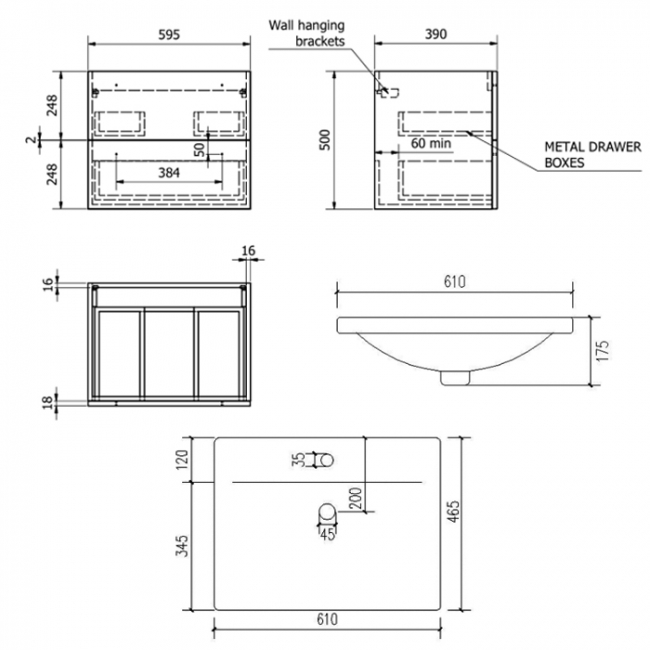 Prestige Purity 2-Drawer Wall Hung Vanity Unit with Mid Depth Ceramic Basin 600mm Wide - Storm Grey Gloss