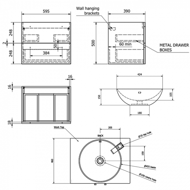Prestige Purity 2-Drawer Wall Hung Vanity Unit with Sit-On Basin and Worktop 600mm Wide - Storm Grey Gloss  | Dimension Image