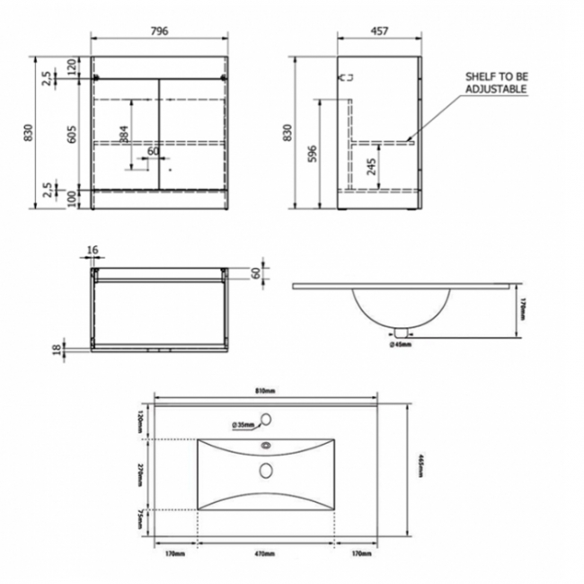 Prestige Purity 2-Door Floor Standing Vanity Unit with Ceramic Basin 800mm Wide - White