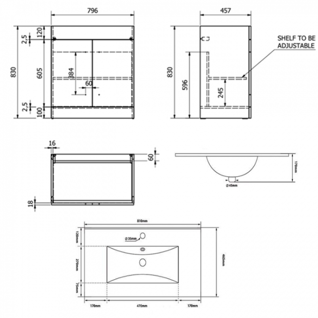 Prestige Purity 2-Door Floor Standing Vanity Unit with Ceramic Basin 800mm Wide - Storm Grey Gloss