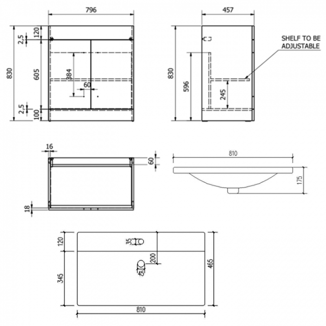 Prestige Purity 2-Door Floor Standing Vanity Unit with Mid Depth Ceramic Basin 800mm Wide - Storm Grey Gloss