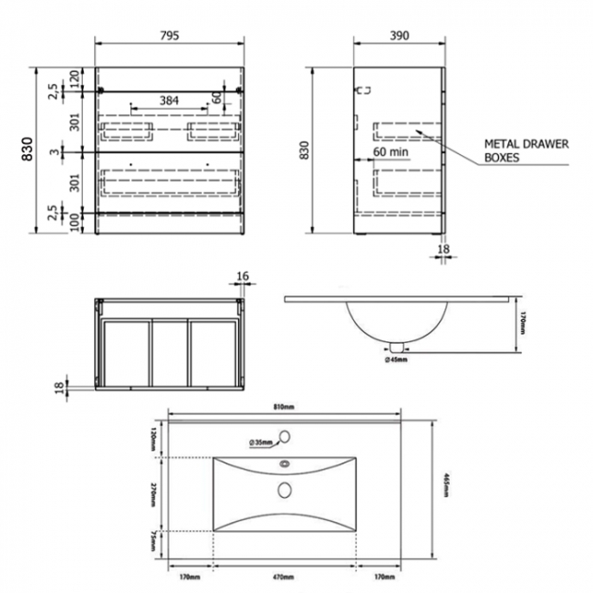 Prestige Purity 2-Drawer Floor Standing Vanity Unit with Ceramic Basin 800mm Wide - White