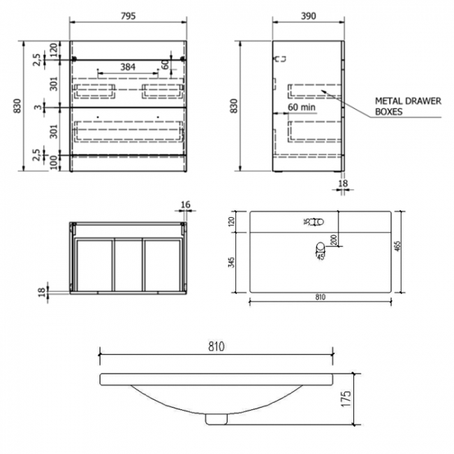 Prestige Purity 2-Drawer Floor Standing Vanity Unit with Mid Depth Ceramic Basin 800mm Wide - White