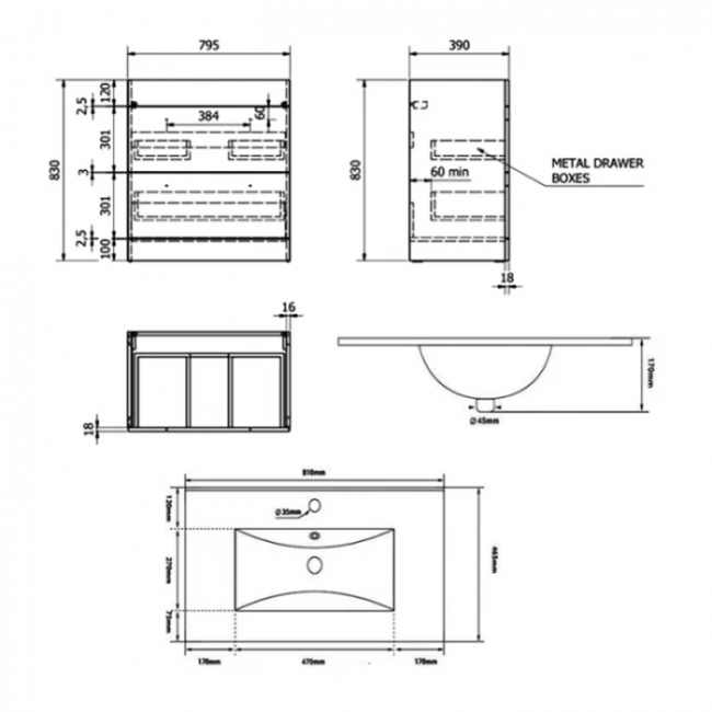 Prestige Purity 2-Drawer Floor Standing Vanity Unit with Ceramic Basin 800mm Wide - Storm Grey Gloss