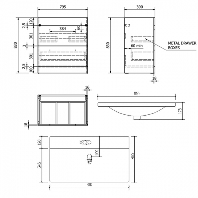 Prestige Purity 2-Drawer Floor Standing Vanity Unit with Mid Depth Ceramic Basin 800mm Wide - Storm Grey Gloss