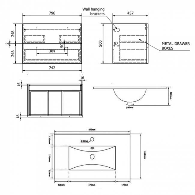 Prestige Purity 2-Drawer Wall Hung Vanity Unit with Ceramic Basin 800mm Wide - White