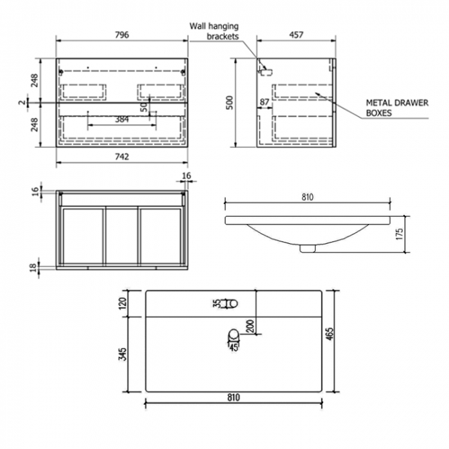 Prestige Purity 2-Drawer Wall Hung Vanity Unit with Mid Depth Ceramic Basin 800mm Wide - White