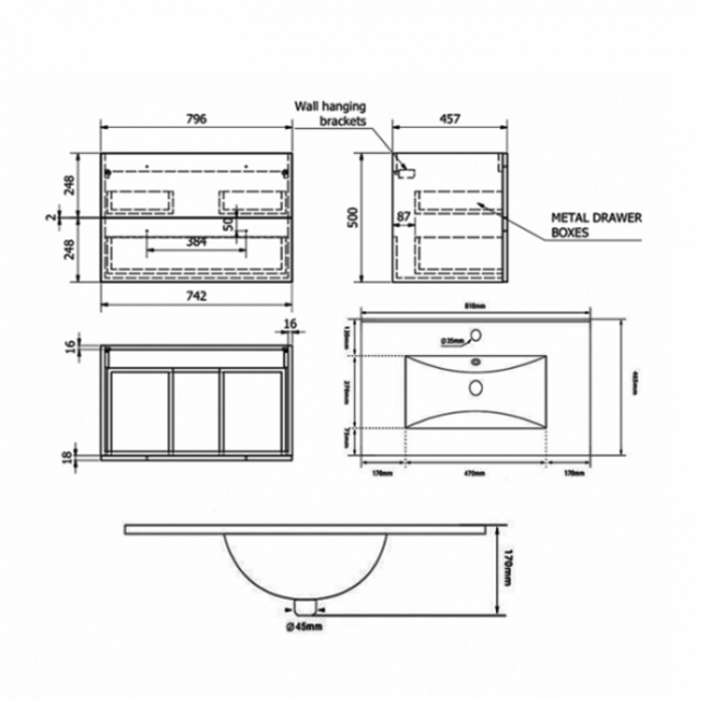 Prestige Purity 2-Drawer Wall Hung Vanity Unit with Ceramic Basin 800mm Wide - Storm Grey Gloss