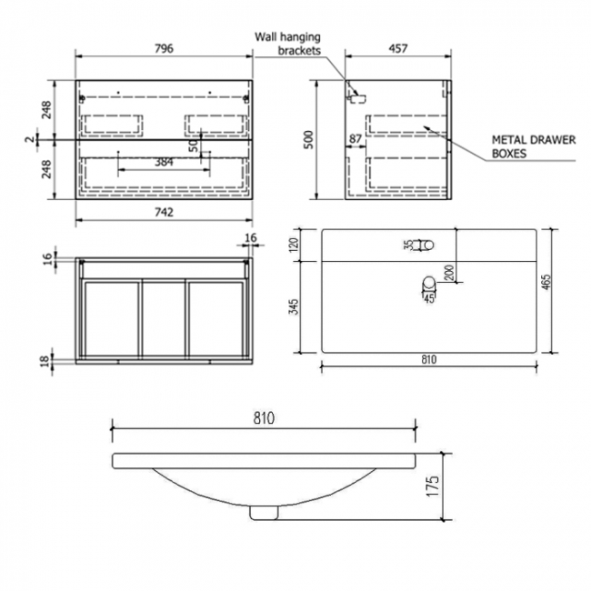 Prestige Purity 2-Drawer Wall Hung Vanity Unit with Mid Depth Ceramic Basin 800mm Wide - Storm Grey Gloss