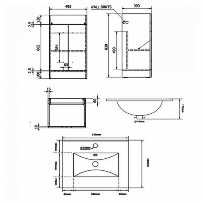 Prestige Purity 2-Door Floor Standing Vanity Unit with Ceramic Basin 500mm Wide - White
