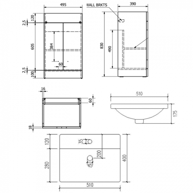 Prestige Purity 2-Door Floor Standing Vanity Unit with Mid Depth Ceramic Basin 500mm Wide - White