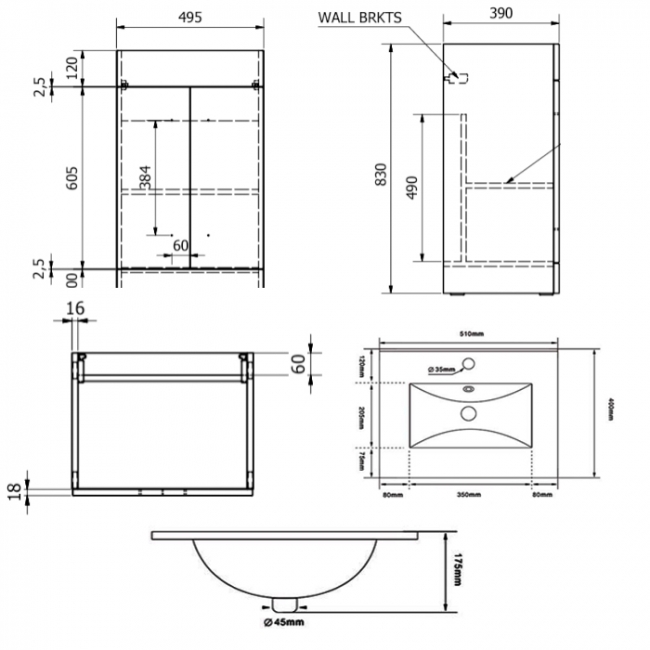 Prestige Purity 2-Door Floor Standing Vanity Unit with Ceramic Basin 500mm Wide - Storm Grey Gloss