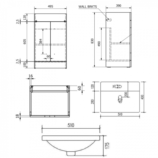 Prestige Purity 2-Door Floor Standing Vanity Unit with Mid Depth Ceramic Basin 500mm Wide - Storm Grey Gloss